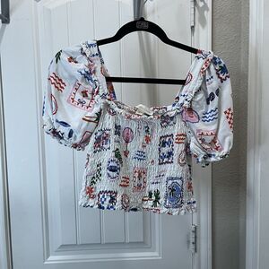 Monteau LA Floral Smocked Linen Blend Crop Top Blouse Womens Size L Boho